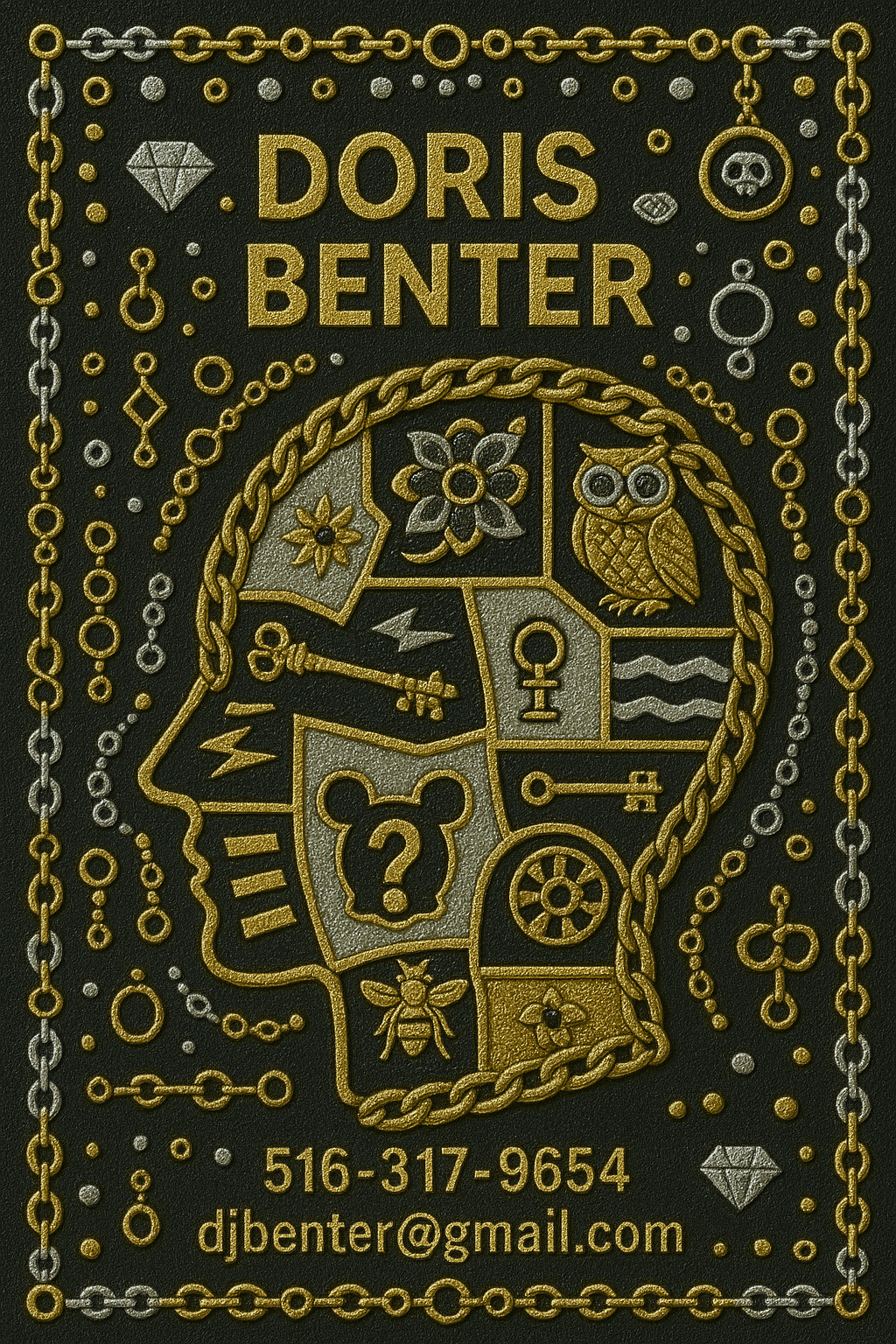 Business card of Doris J Benter, Mixed Media Artist, Long Island, NY